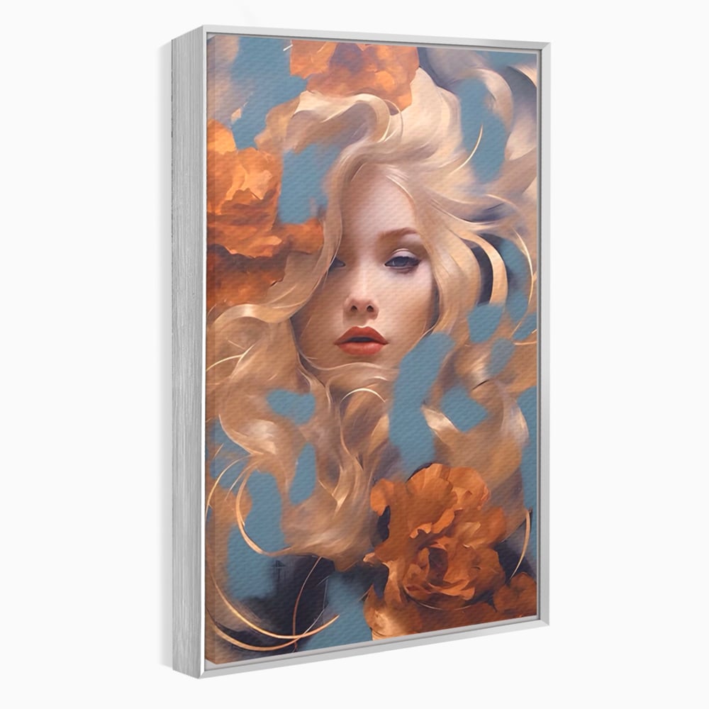 Tablou canvas cu portret de femeie cu flori portocalii, in rama de aluminiu argintiu